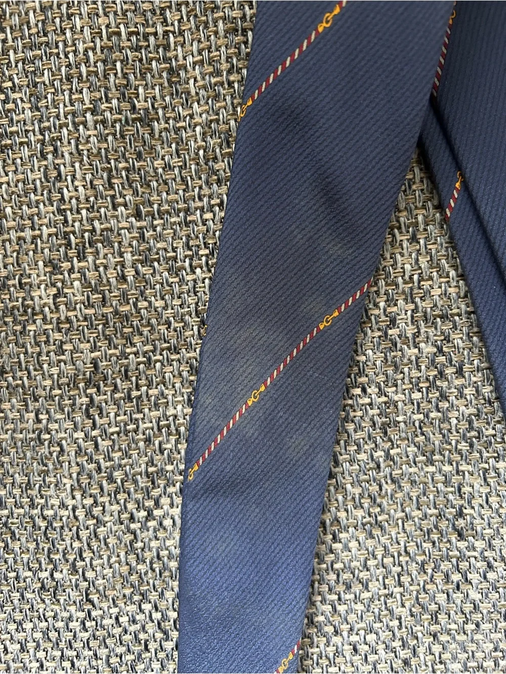 Vintage 80s Gucci 100% Silk Tie Navy Blue Diagonal Stripe Made in Italy